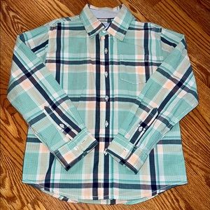 JK boys size 7 modern plaid button up shirt. colors:  turquoise, orange & navy